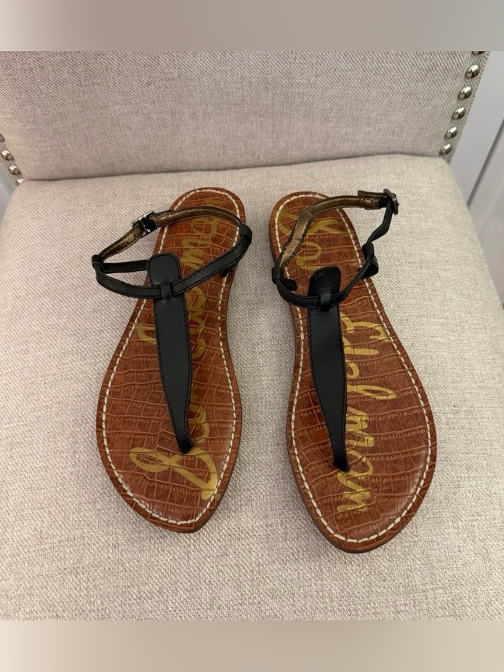 Sam Edelman Gigi Black Leather T-Strap Thong Sandals Size 7.5